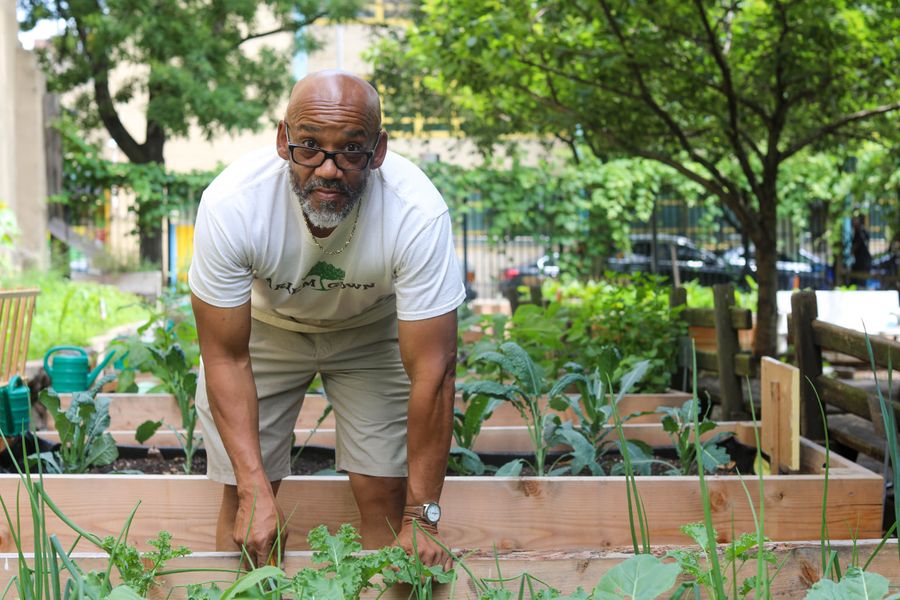 Tony Hillery posing in front of his urban garden