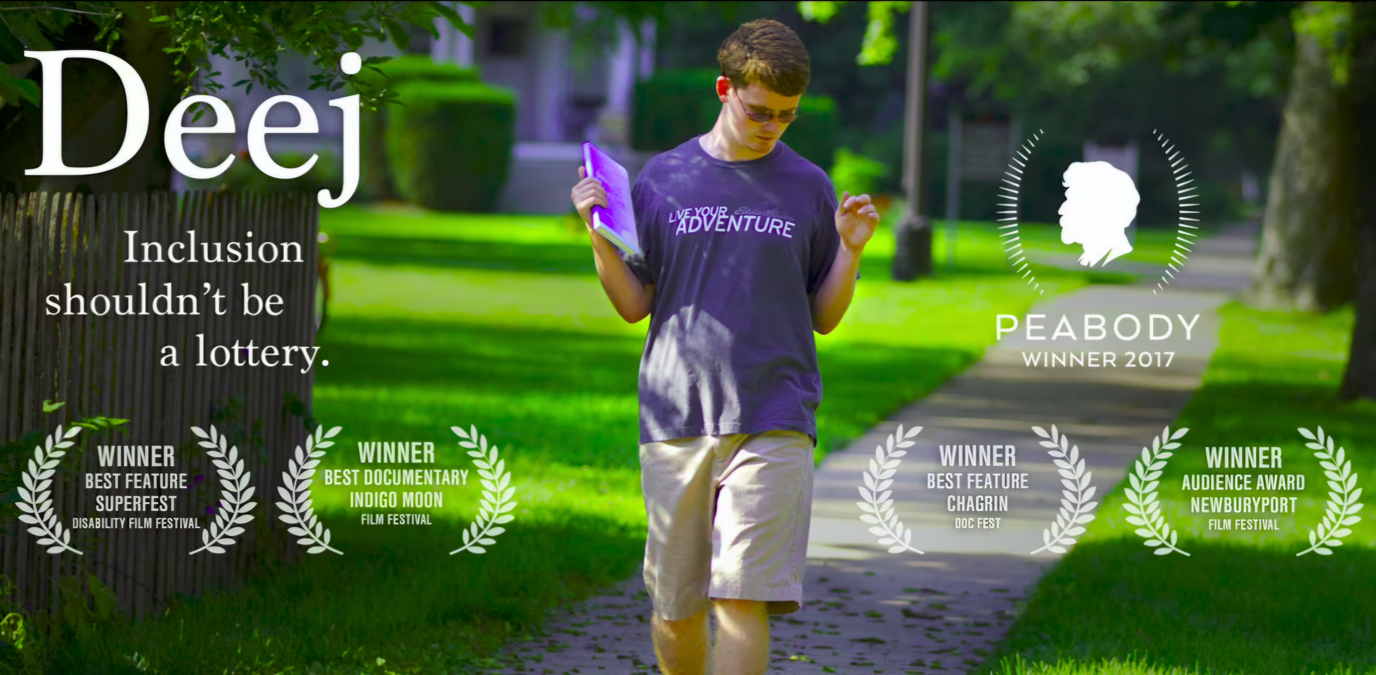 College-age autistic man, DJ, walking on a sidewalk with a book in hand.