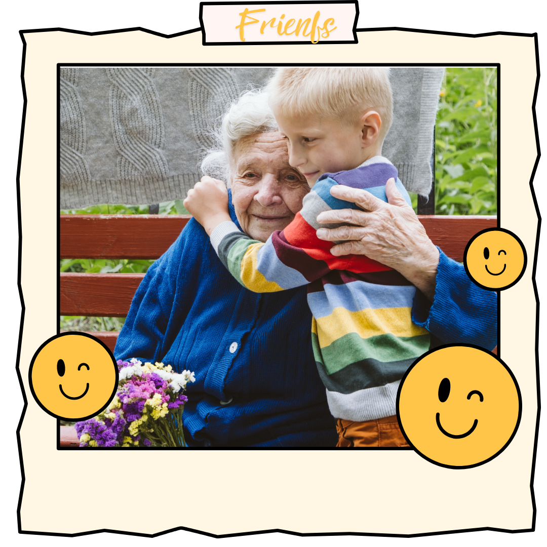 Elderly woman on bench gives small boy a hug