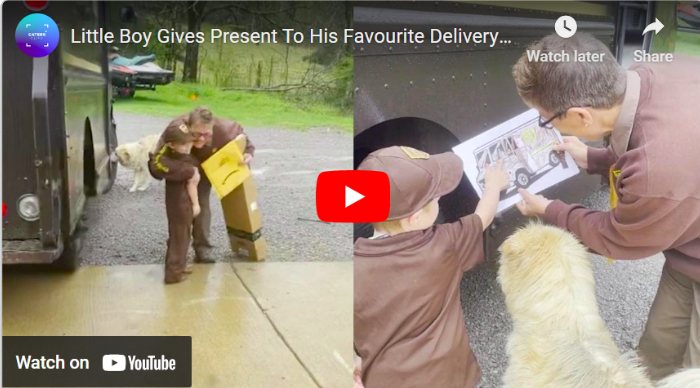 YouTube cover image of boy dressed as a UPS delivery person handing a card to a woman UPS driver