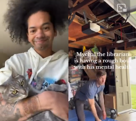 Screenshot of a side-by-side real of Mychal holding his cat and Blake working out in his garage