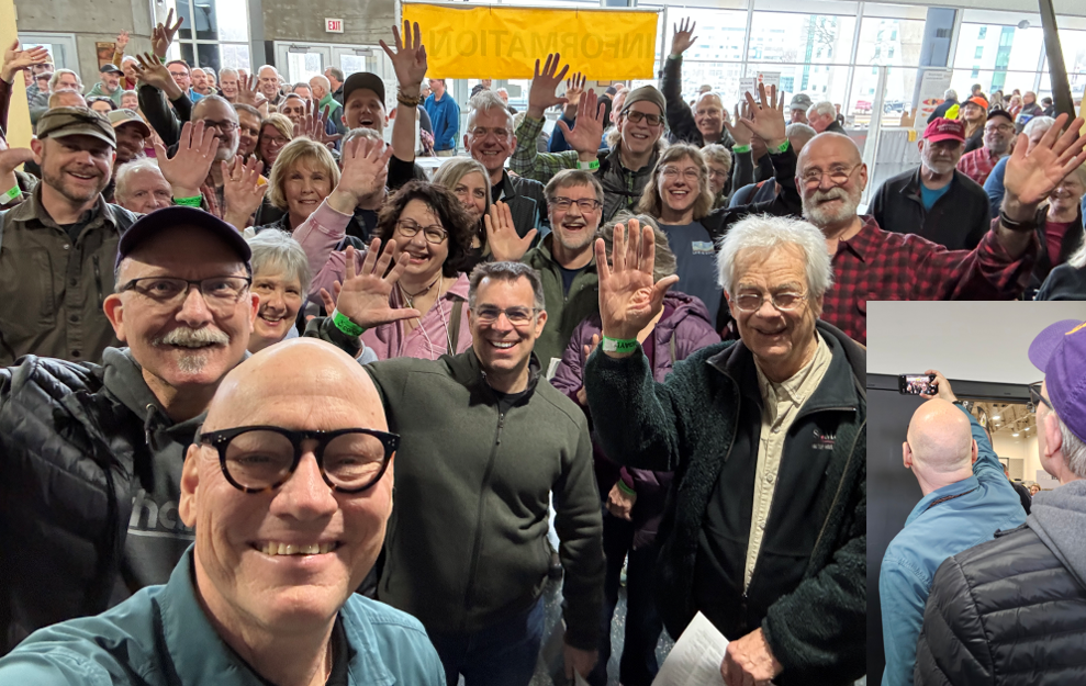 Selfie of a group of people waiting to be admitted into the Canoecopia Expo